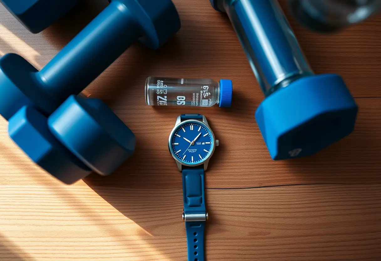 Montre bleue triangulaire posée sur une table avec des haltères, lumière du matin, vue d'en-haut