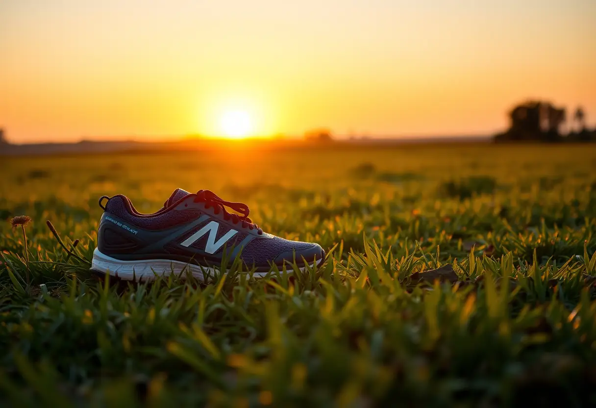 Chaussures de course sur un champ, lumière du soir