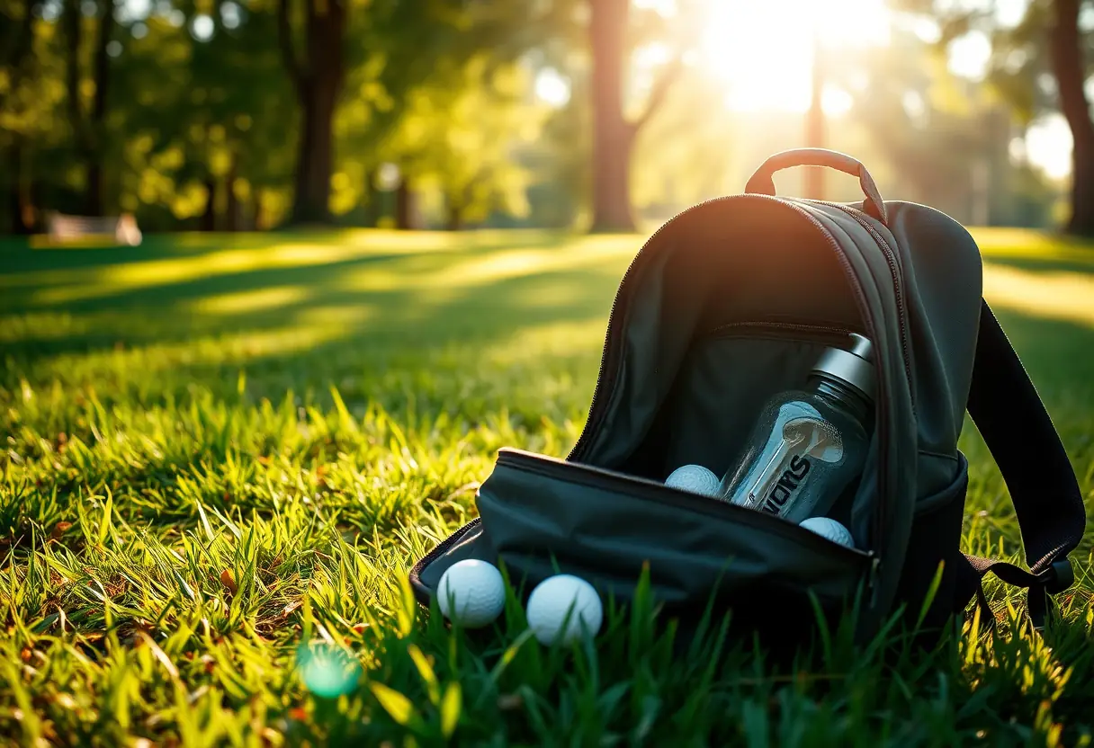 Un sac à dos de golfeur ouvert contenant des balles de rechange et une bouteille d'eau