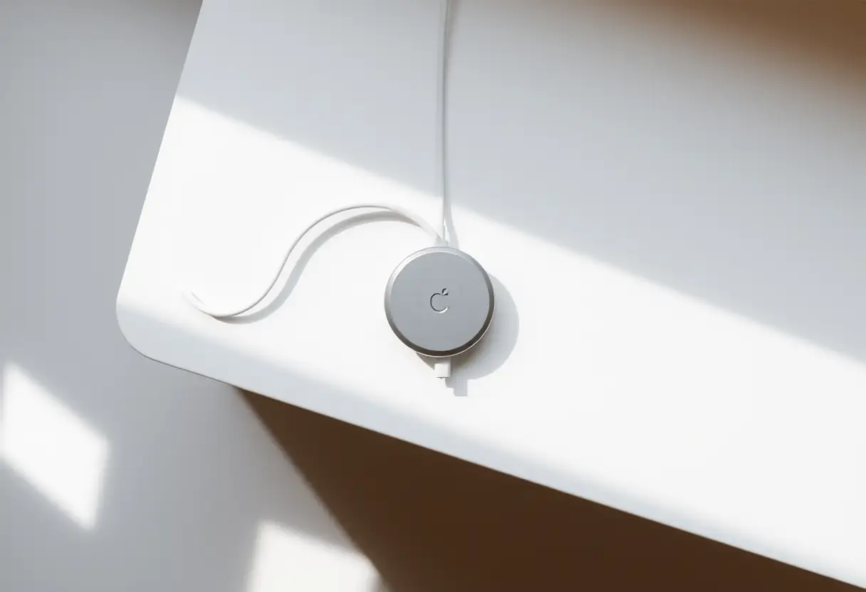 Un câble de charge blanc branché sur une petite station de charge métallique sur un comptoir blanc.