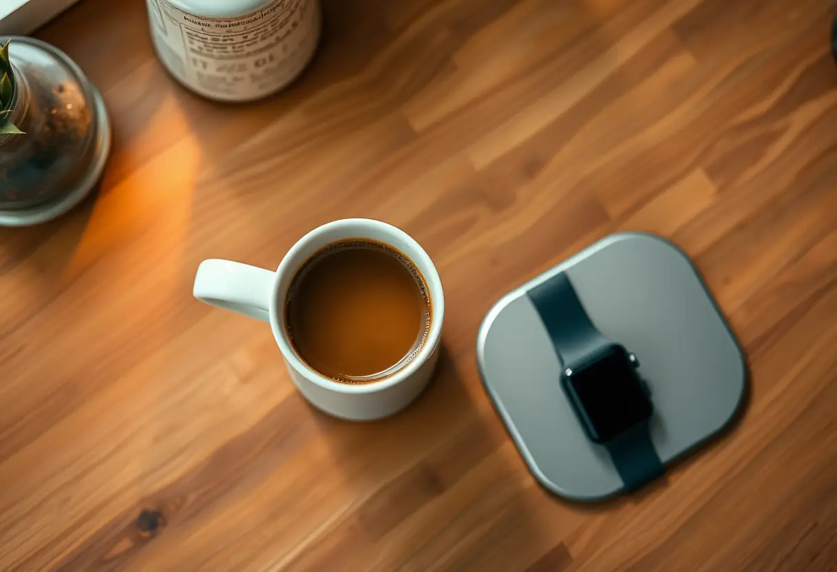 Mug de café et chargeur de montre sur un comptoir de cuisine