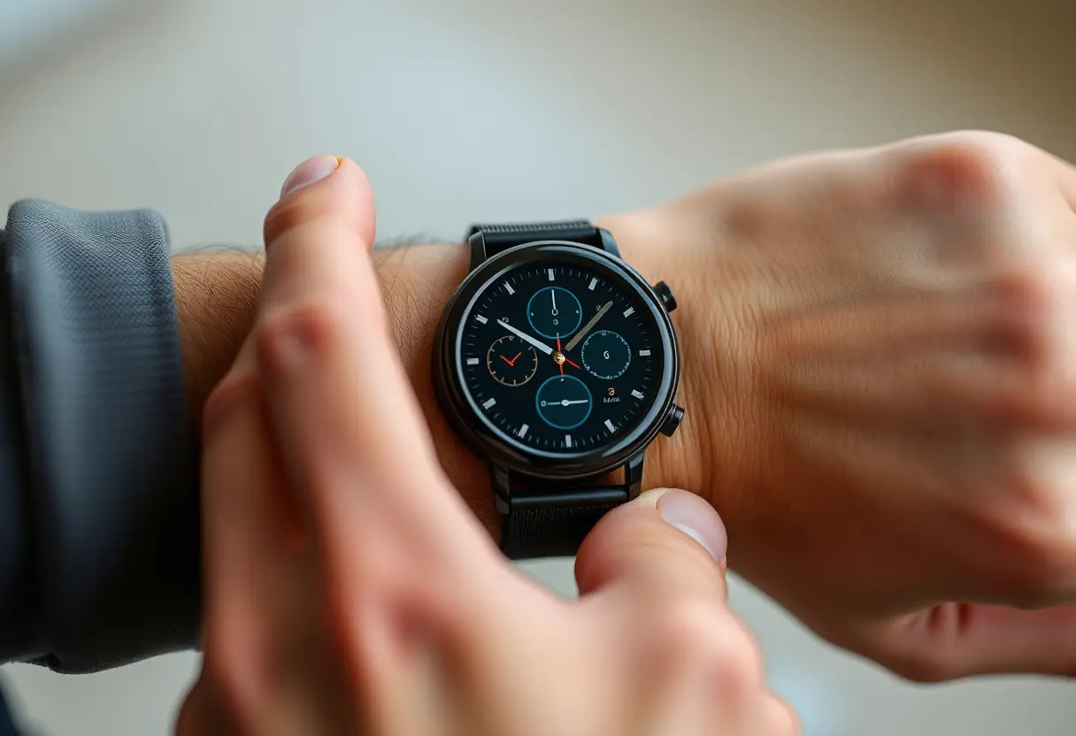 Main dans le réglage du bracelet d'une montre connectée