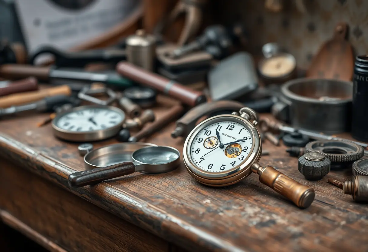 Un bureau ancien couvert d'outils et de pièces détachées, une montre ouverte révèle son mécanisme délicat