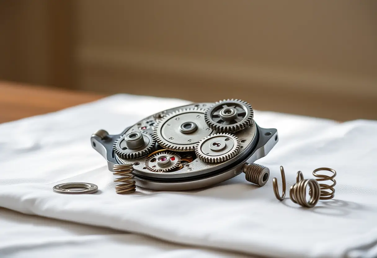 Un jeu de pignons métalliques et ressorts posés sur un tissu blanc, démontage d'une montre GPS