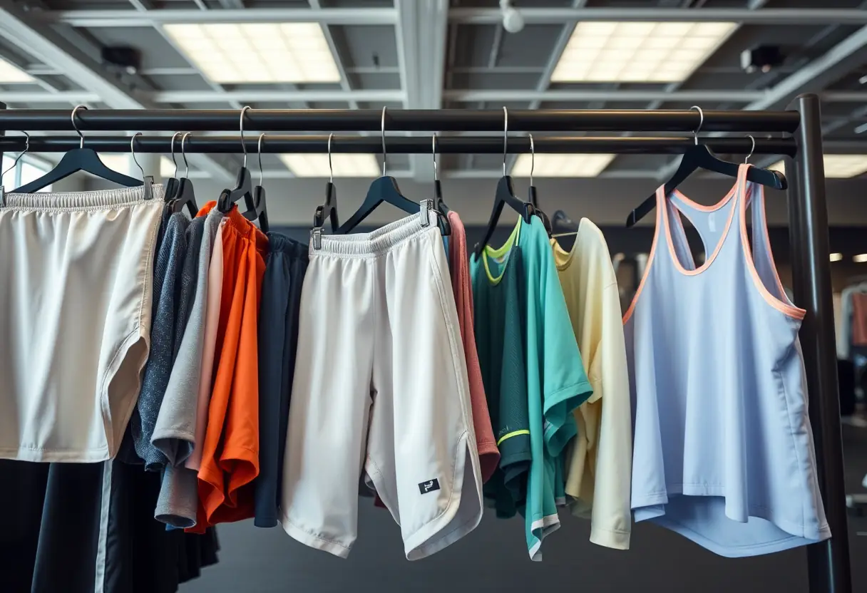 Une penderie de vêtements de sport dans un gymnase avec divers shorts et chemises en différents matériaux