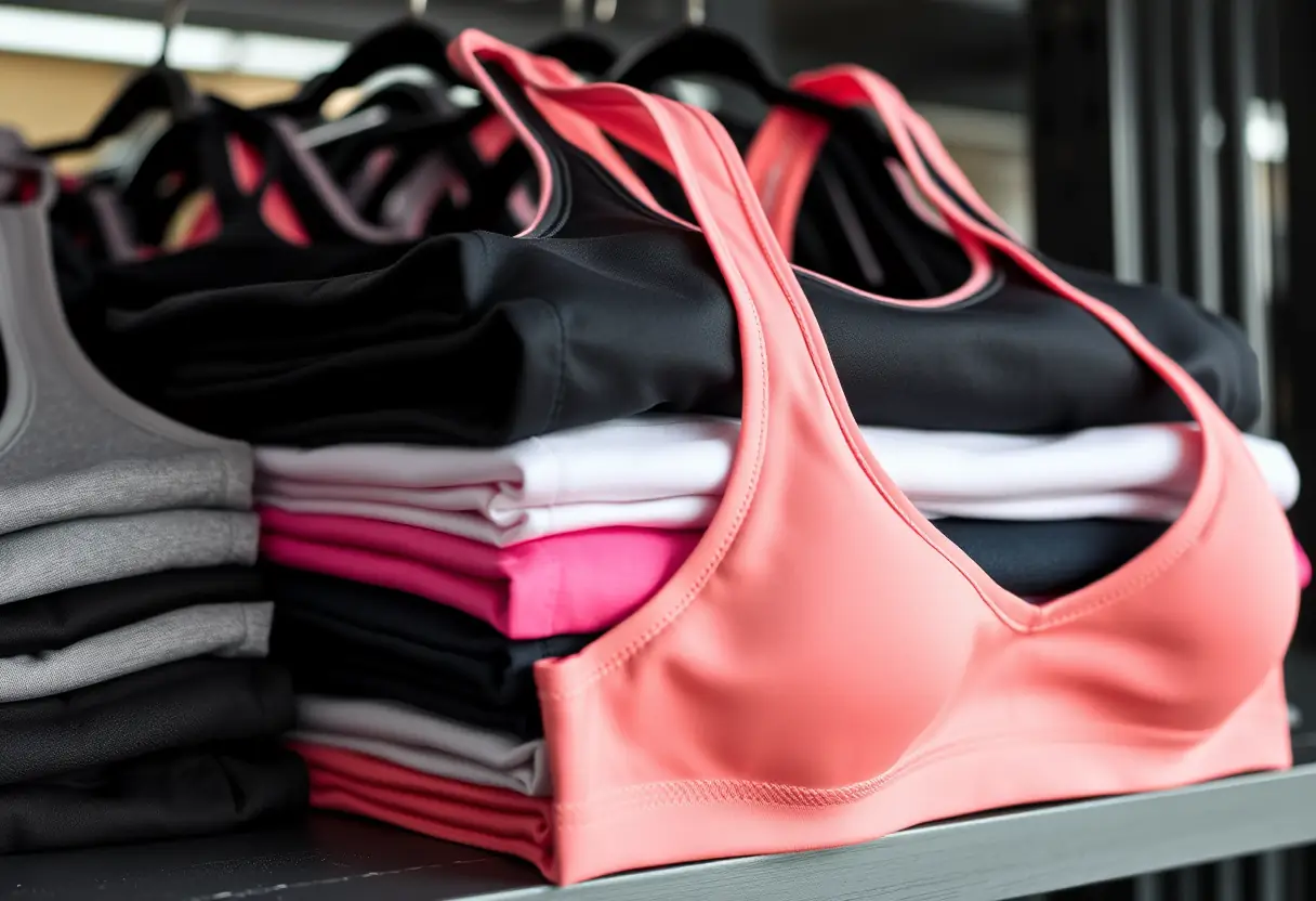 Des brassières de sport pliées sur une étagère de gymnase